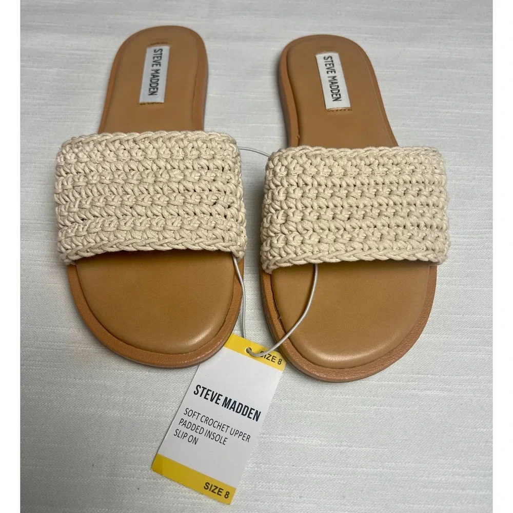 Steve Madden Tannah Crochet Slide Sandals Natural Cream Tan Flat Slip On Women 8 - Picture 4 of 10